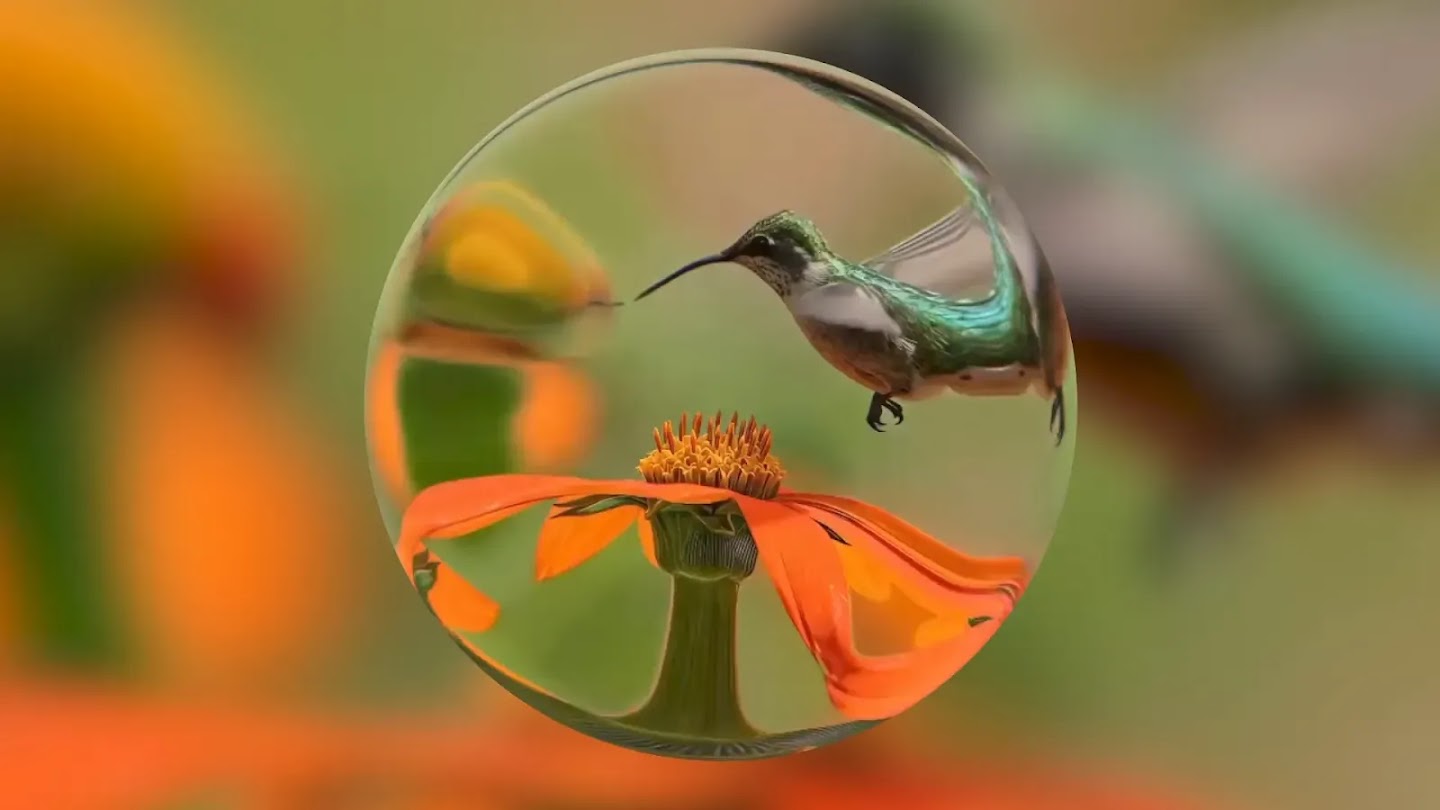 Promotiebeeld bij Genie 4: een kolibrie en bloem in een zwevende transparante bol